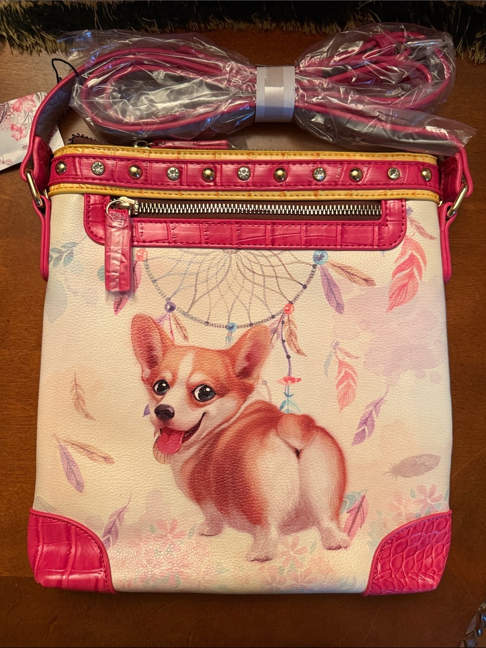 Pink-red trim Corgi Crossbody Bag with Dreamcatcher Print